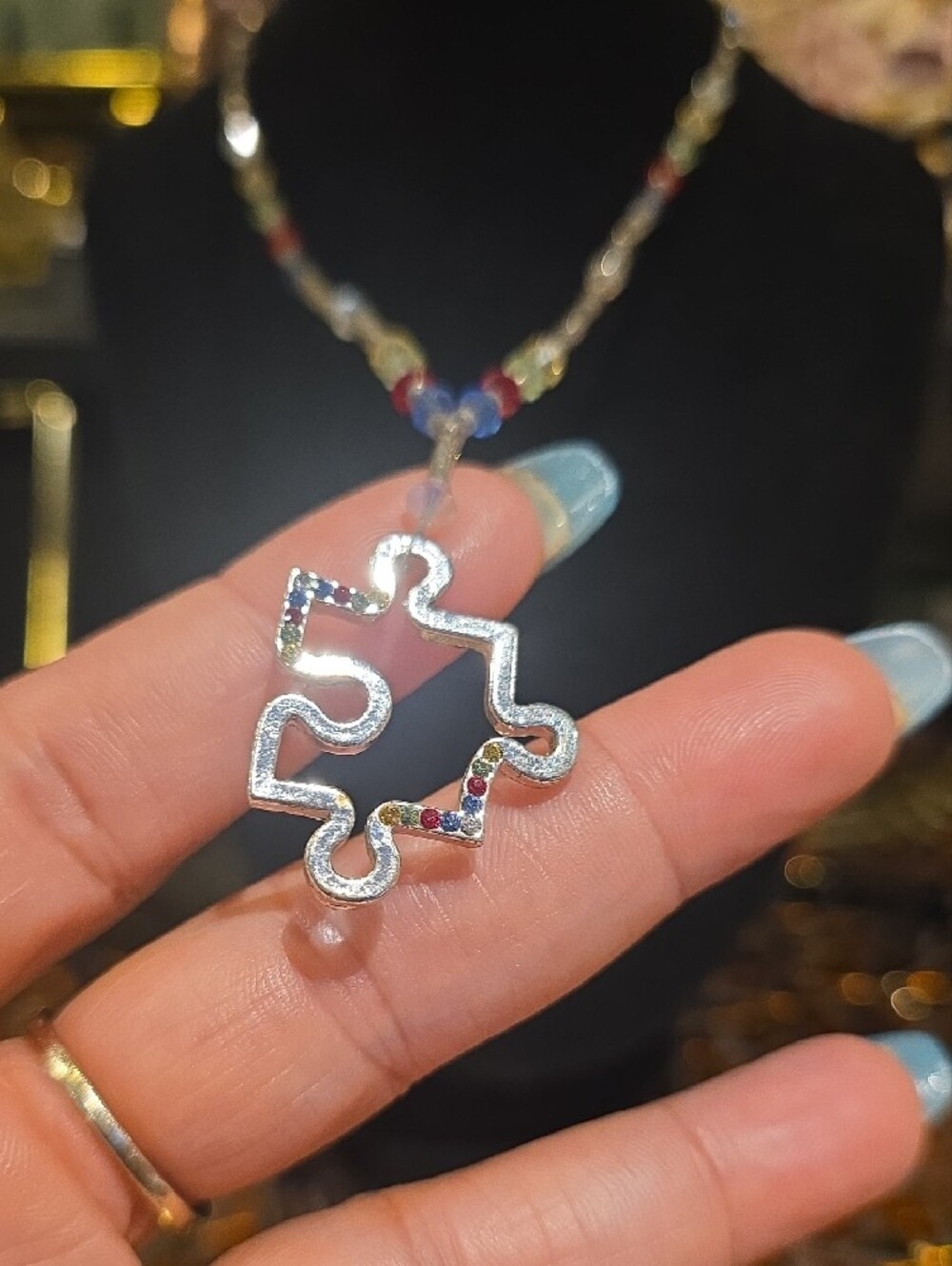 Vintage Multicolor Crystal Puzzle Pendant Necklace - Picture 2 of 6